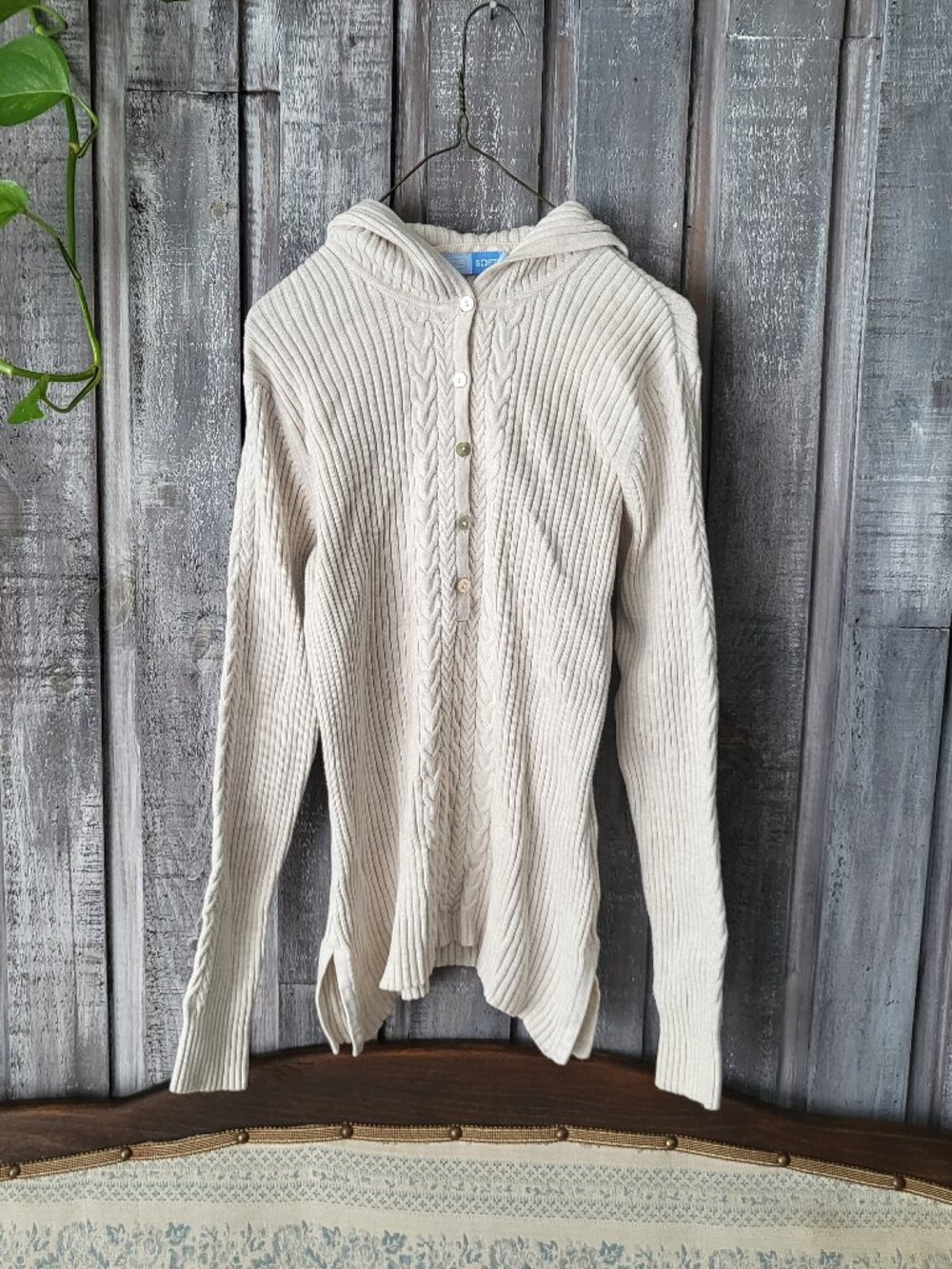 Soft Knit Cable Front Hoodie Sweater Beige Cream Medium